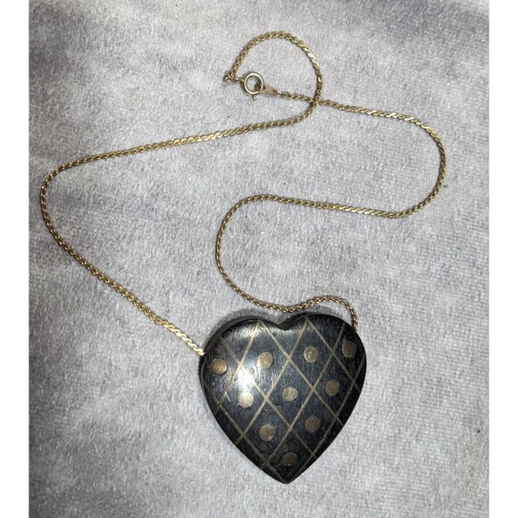 Vintage Wooden Heart Pendant Necklace With Brass Inlay - Picture 5 of 5